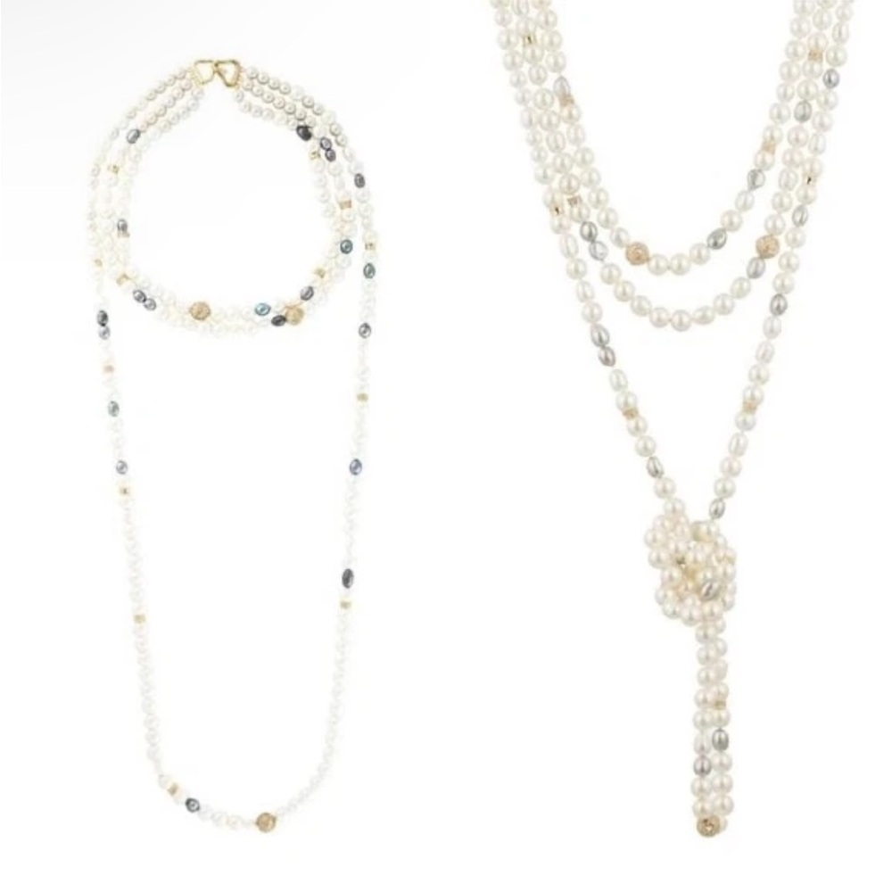 $475 Unsigned Alexis Bittar Triple Strand Pearls Crystals Necklace Gold Plated